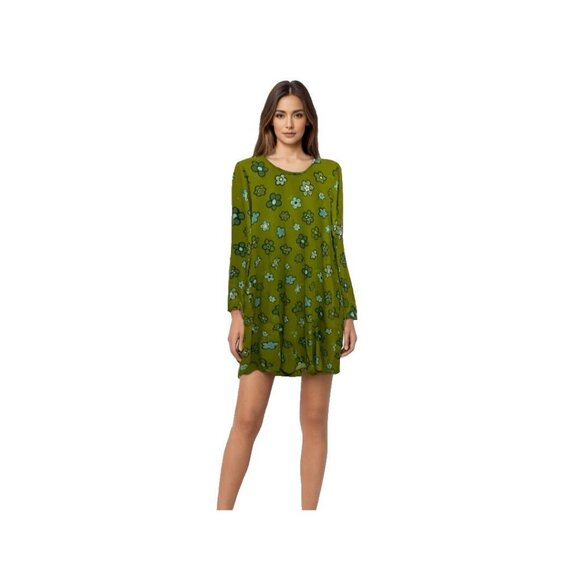 Gudrun Sjoden Floral Organic Cotton Mini Dress Green Size M Long Sleeve - Picture 2 of 8